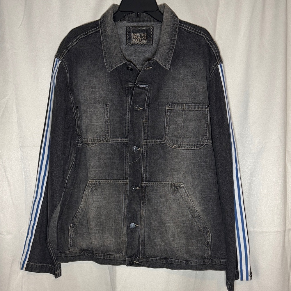 Marithe Francois Girbaud Gray Wash Jean Denim Jacket Blue White Stripe Men’s L
